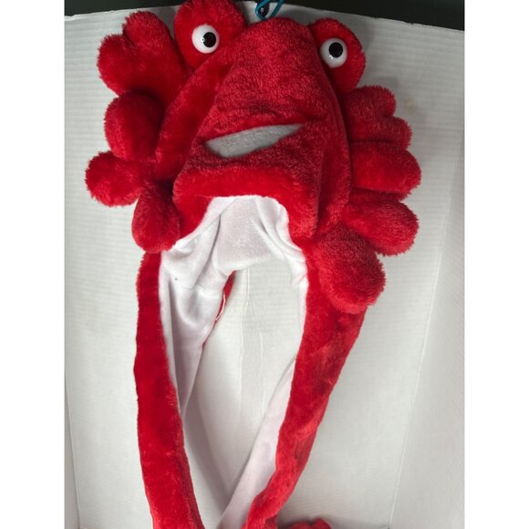 Red Crab Plush Hat Ear Flaps with Arm-Length Attached Mitten Winter fall costume - Picture 1 of 5